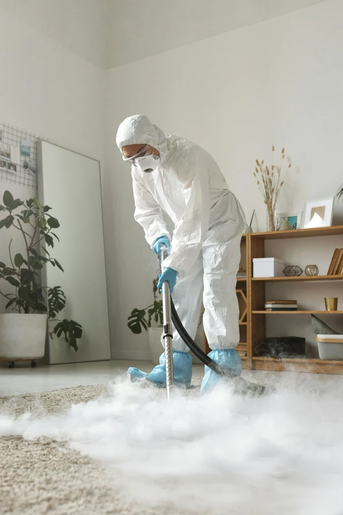 Professional technician performing premium carpet cleaning in Littleton CO using a heavy-duty steam extraction machine.