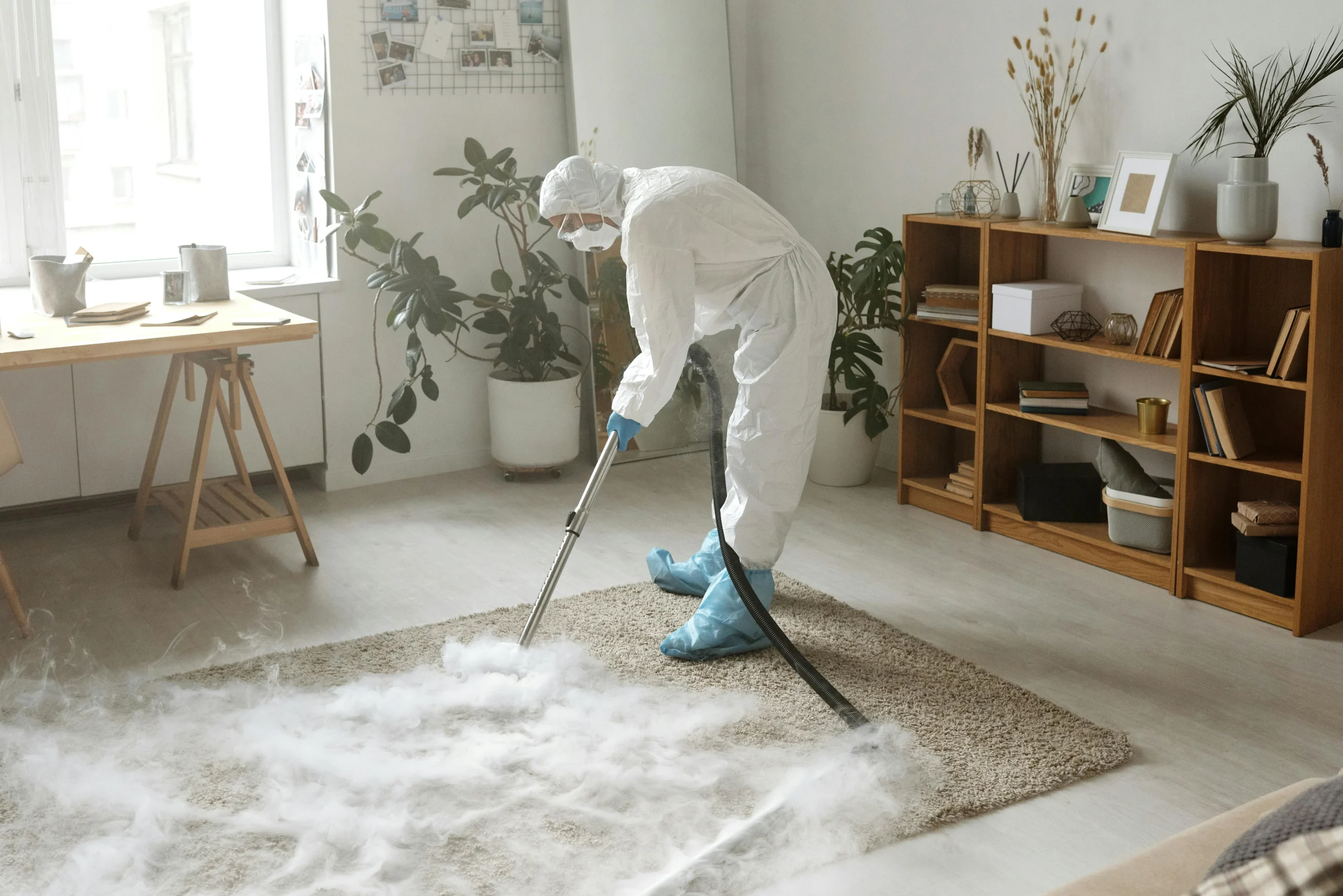 Professional carpet cleaning technician inspecting carpet before deep steam cleaning in Littleton CO